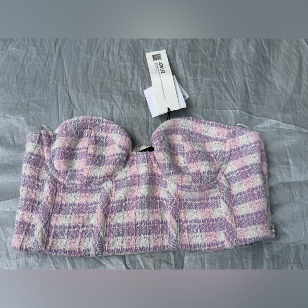 Zara woman’s pink/purple texture plaid corset tweed tube crop top